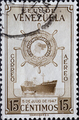Venezuela - circa 1948: a postage stamp from Venezuela, showing an ocean cargo ship Founding of the...
