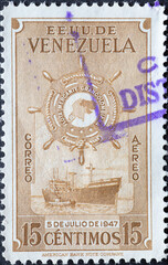 Venezuela - circa 1948: a postage stamp from Venezuela, showing an ocean cargo ship Founding of the...