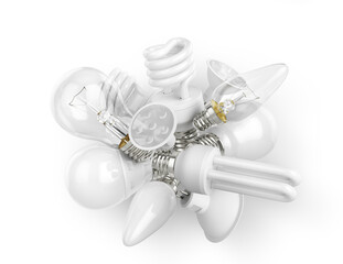 Electric household lamps of various types on a white background. Several types of light bulbs. 3d illustration