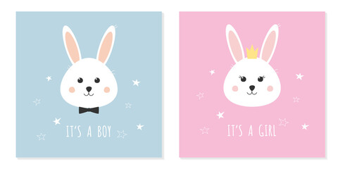 Set of baby shower cards. Baby bunny girl and baby bunny boy. Cute rabbit character.