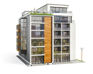 Modern residential building at the white background. 3d illustration