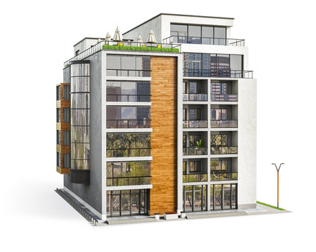 Modern residential building at the white background. 3d illustration