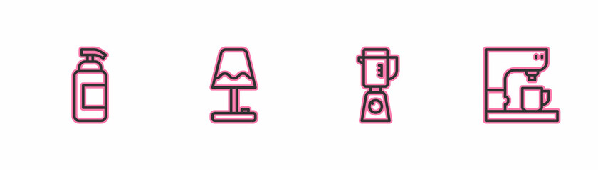 Set line Antibacterial soap, Blender, Table lamp and Coffee machine icon. Vector