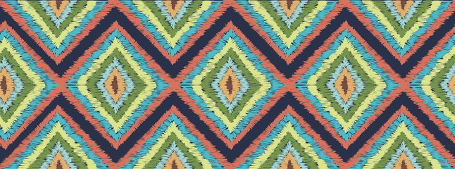 Geometric folklore ornament. Seamless striped embroidery pattern.
