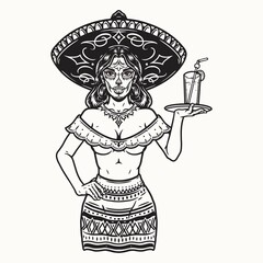 Monochrome icon of waitress in sombrero