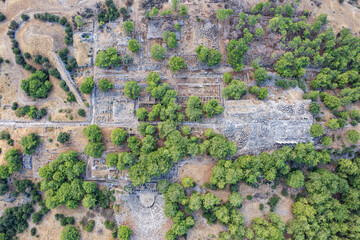 Aerial drone view of Temple of Athena Polias in the Ancient Priene, Aydin Province, Turkey