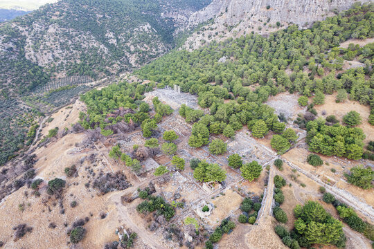 Aerial drone view of Temple of Athena Polias in the Ancient Priene, Aydin Province, Turkey