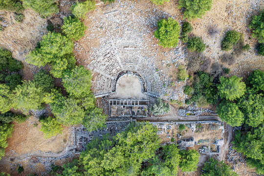Aerial drone view of Temple of Athena Polias in the Ancient Priene, Aydin Province, Turkey