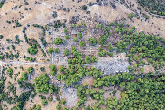 Aerial drone view of Temple of Athena Polias in the Ancient Priene, Aydin Province, Turkey