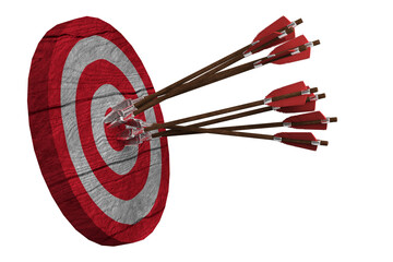 Red-white wood Target with Arrows isolated on white background 3d illustration