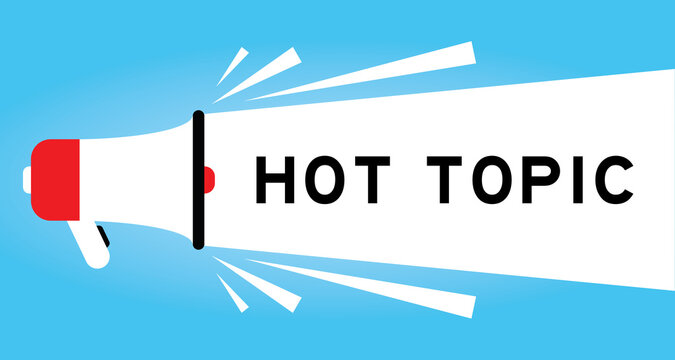 Color megphone icon with word hot topic in white banner on blue background