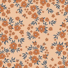 Seamless vintage pattern. Terracotta flowers, Blue leaves. Light orange background. vector texture. fashionable print for textiles, wallpaper and packaging.