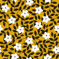 Beautiful vintage pattern. White flowers, black leaves. Yellow background. Floral seamless background. An elegant template for fashionable prints.