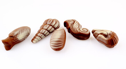 Pieces of white and milk chocolate with nuts and caramel filling