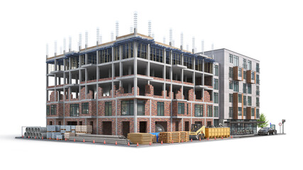Building under construction on white background. 3d illustration