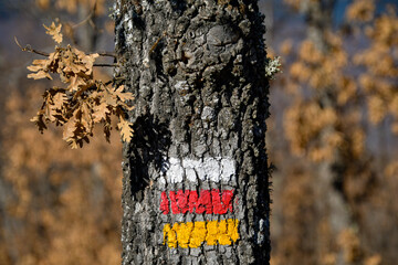 White, red and yellow hiking signs.