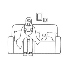 ソファに座って本を読んでいる女性　イラスト　猫　ペット