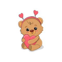 Cute cartoon teddy bear with heart isolated on white background. Design concept for valentine's day greeting card.Vector illustration