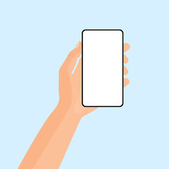 Hand holds phone with white screen on isolated background.