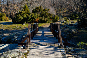Natural landscape composed of a wooden bridge over a river in a wooded area.