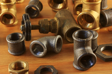 Old brass plumbing fittings and faucet