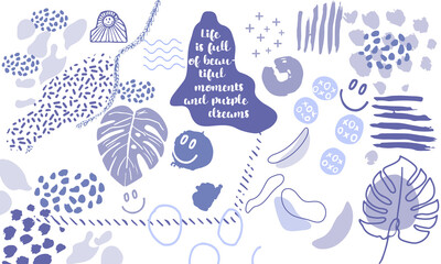 Over template with patterns of different abstract shapes. Colorful artistic background with textured stains, spots and line drawings in very peri color.