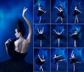 Set of portraits of adorable ballet dancer in black tutu and stage make-up dancing isolated on old...