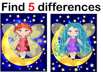 Find differences education game for children, fairy in the moon.