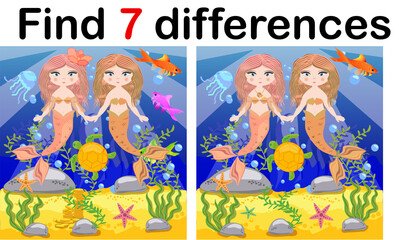 Game for children: find differences, little mermaid and sea world