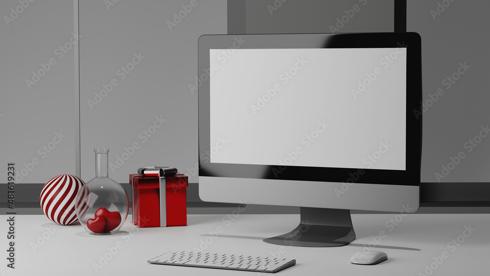 Poster computer display for mockup on table, valentine concept, 3d rendering