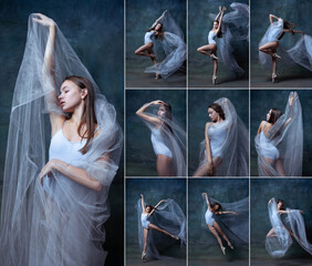 Set of portraits of graceful young ballet dancer, ballerina dancing isolated on blue studio background. - obrazy, fototapety, plakaty