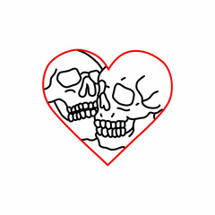 linear image of two skulls in a heart.red and black elements on a white background.vector illustration.modern typography design perfect for greeting card,poster,banner,t shirt,web design,etc