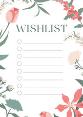 Floral wish list template with cute pink flowers, themed blank, personal organizer. Journal page layout design. Blank wishlist template. 