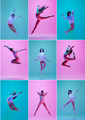 Collage of images of young and graceful ballet dancer isolated on pink-blue studio background in...
