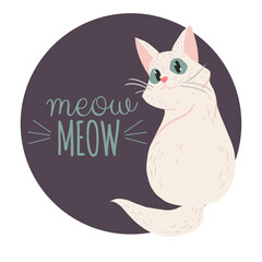 Poster design, greeting card with text Meow with cute pink cat on dark background. 