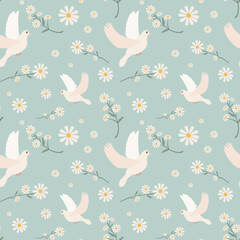 Beautiful seamless pattern with white doves and flowers. Hand drawn spring background.