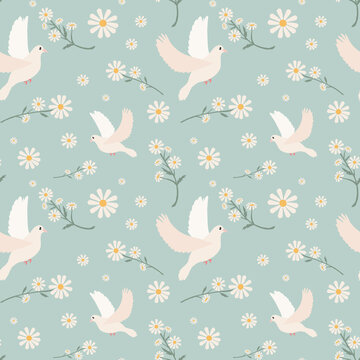 Beautiful seamless pattern with white doves and flowers. Hand drawn spring background.