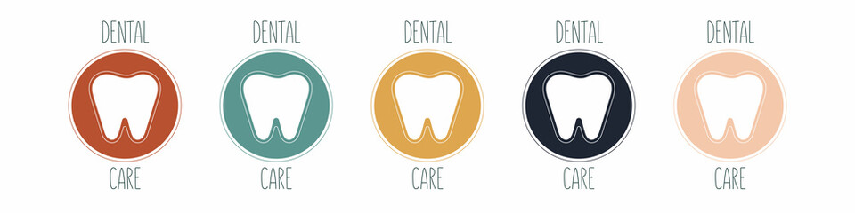 Cute hand-drawn logo with a white tooth and the inscription take care of your teeth