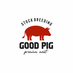 Obraz premium logo vector graphic of red pig meat pork with the red pig illustration, from good pig, premium meat pork from the stockbreeding pig farm, used for pork meat product seller, pork retail market