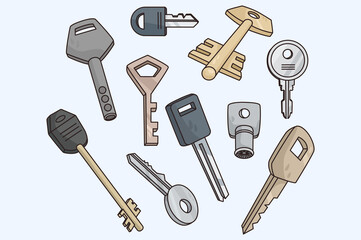 Set of modern and classic old keys of different sizes and forms. Collection of various key bunch for house or car door. Flat vector illustration. 