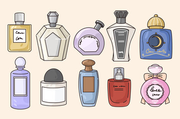 Set of various perfume bottles of different shapes and sizes. Collection of fragrance packaging. Cosmetics and beauty industry concept. Hygiene. Eau de parfum. Flat vector illustration. 