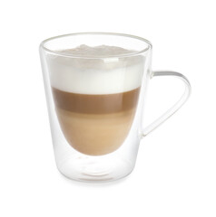 Glass cup of aromatic coffee with milk isolated on white