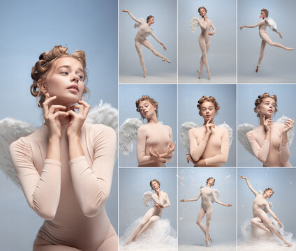 Beautiful young girl, graceful ballerina in image of angel with wings isolated on white gray studio background. Art, show, ballet. Set, collage