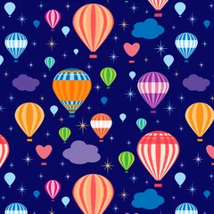 Papier Peint photo Montgolfière Vector seamless pattern with flying colorful hot air balloons, clouds and stars in a flat style. Perfect for textile and fabric for kids  for wallpapers, wrapping and packaging. 