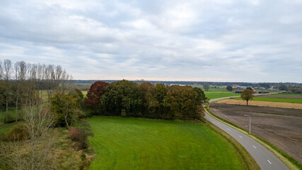 Fototapeta na wymiar Autumn road near the corn field. Aerial view, drone shot. High quality photo