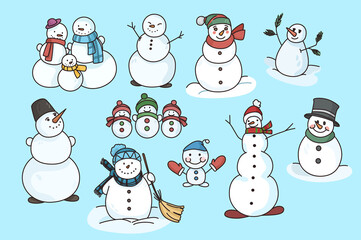 Set of different snowmen in costumes hat and scarf for winter holidays. Collection of festive snow men cartoon characters single and group. New Year and Christmas celebration. Vector illustration. 