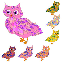 Hipster owls in doodle style. Hand drawn set of cute birds. Design for prints and T-shirts.