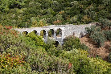 Ruins of ancient Pollio aqueduct bringe in Izmir Province. Turkey