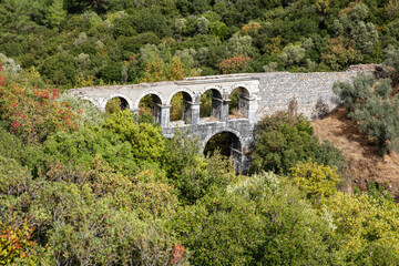 Ruins of ancient Pollio aqueduct bringe in Izmir Province. Turkey