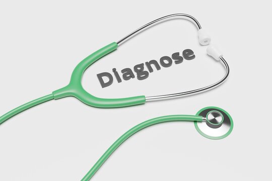 3D-Illustration of the word DIAGNOSE in german, surrounded by a stethoscope, cgi render image